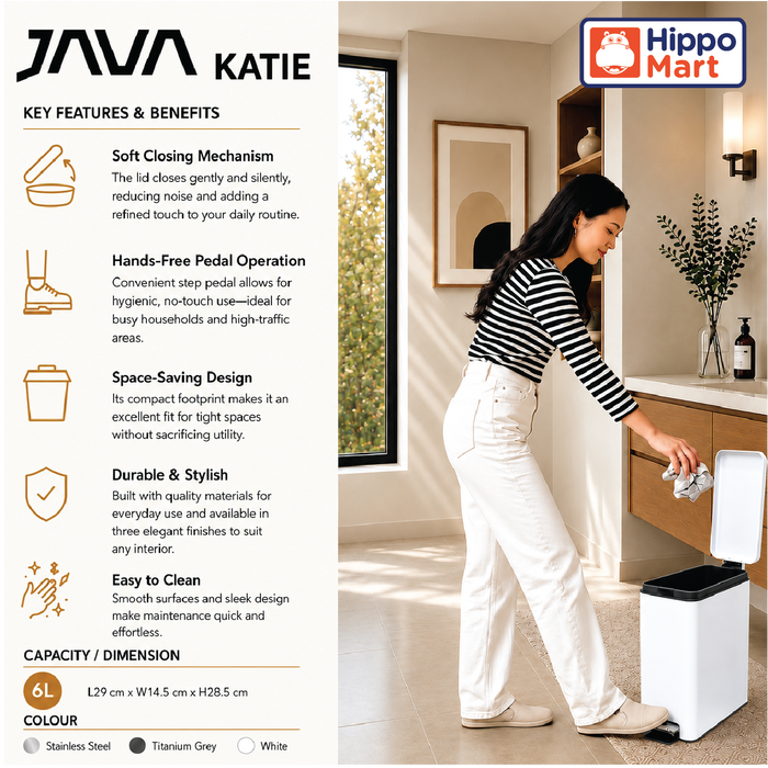 JAVA Dustbin | KATIE | JH8875 | 6L | Step Bin | Soft Closing | Trash Bin |  Dustbin for Kitchen