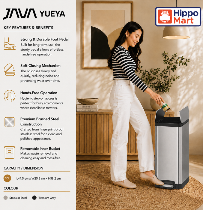 JAVA Dustbin | YUEYA | JH8866 | 30L | Slim Step Bin | Soft Closing | Trash Bin | Dustbin for Kitchen
