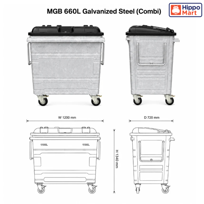 Steel Mobile Garbage Bin | MGB | 660L, 1100L | Trash Bin | Dustbin | Garbage Bin | Trash Bin - HippoMart SG