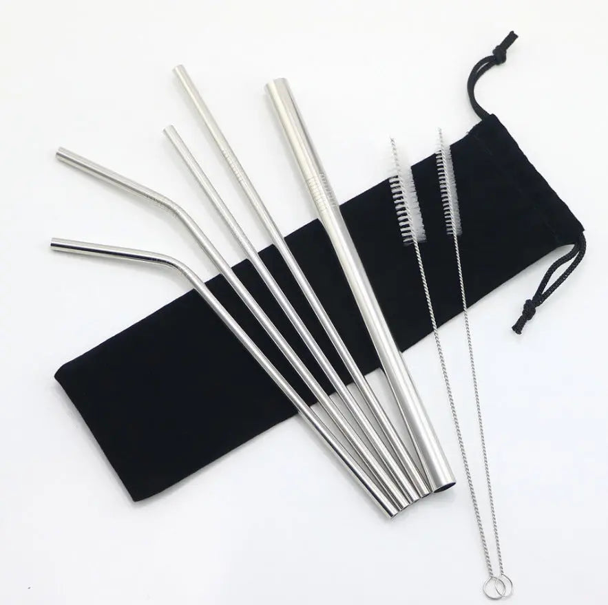 HippoMart Drinking Straw stainless steel 5 Piece Straw Set with Pouch & Flannel Cleaning Kit, Environmental Friendly Reusable SUS304 - Image #1
