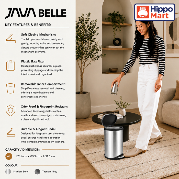 JAVA Dustbin | BELLE | JH8868 | 6L | Step Bin | Soft Closing | Trash Bin | Dustbin for Kitchen - HippoMart SG