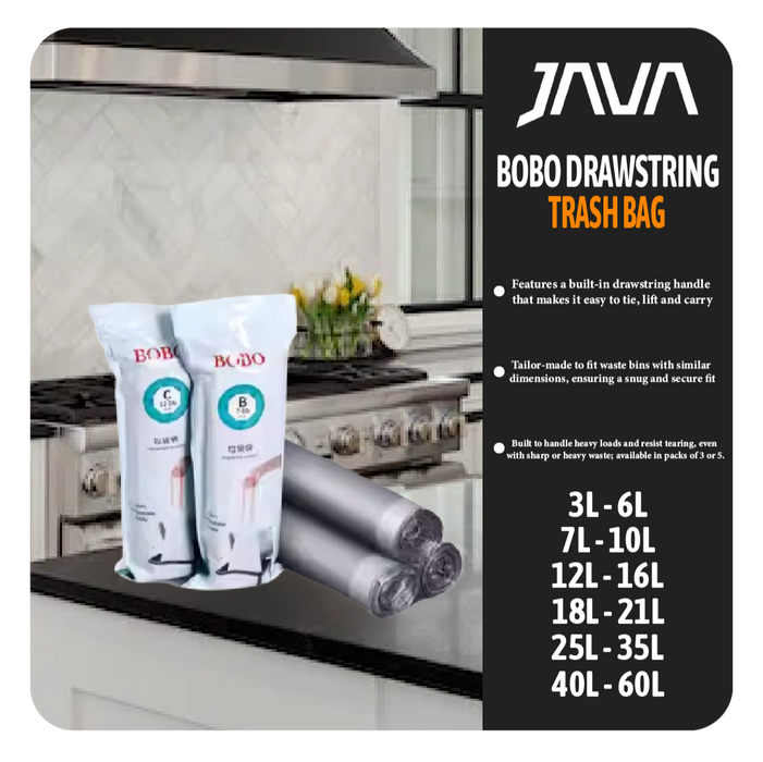 BOBO Extra Strong Drawstring Trash Bags | Tear-Resistant Garbage Bags | Multiple Sizes 3-60L | Durable Waste Disposal Solution