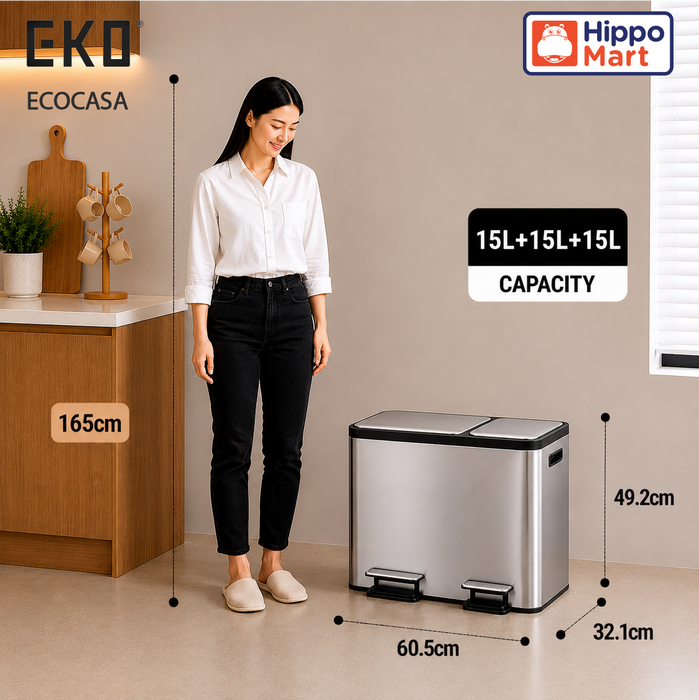EKO Recycling Bin | Ecocasa | EK9128 | 15L+15L+15 | Dustbin | Trash Bin | Waste Bin | Rubbish Bin