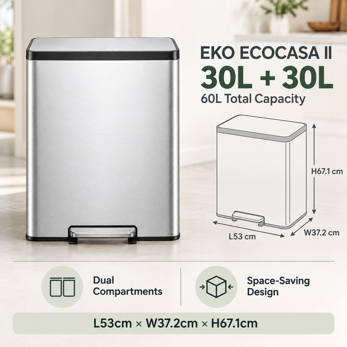 EKO | Ecocasa II | EK9138 | 30L + 30L | Pedal Dustbin | Indoor Dustbin - HippoMart SG