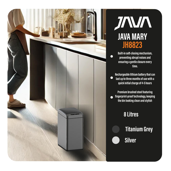 JAVA Dustbin | MARY | JH8823 | 8L | Sensor Slim | Soft Closing | Trash Bin | Dustbin for Kitchen