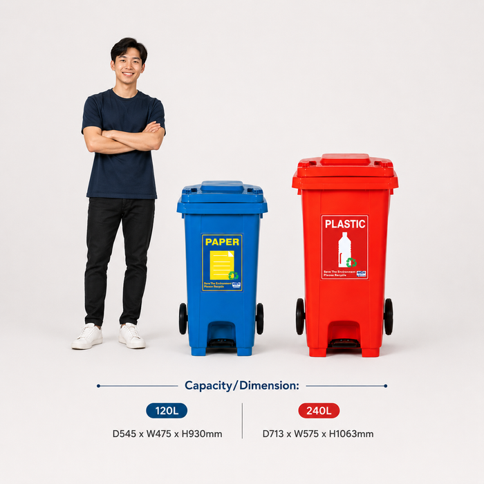 Recycling Integrated Foot Pedal Bin, 120L, 240L & Multiple Colours - HippoMart SG