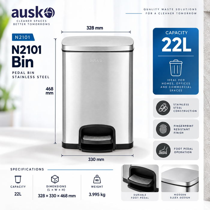 AUSKO | N2101 | Multisize | Pedal Dustbin | Indoor Dustbin - HippoMart SG