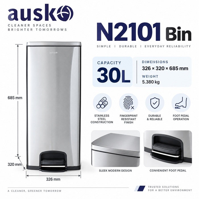 AUSKO | N2101 | Multisize | Pedal Dustbin | Indoor Dustbin - HippoMart SG