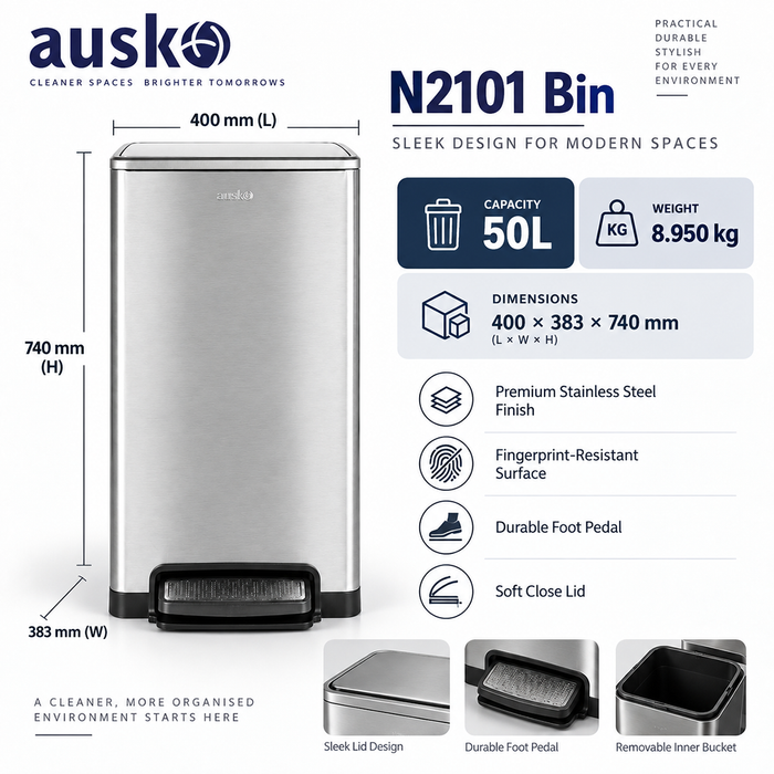 AUSKO | N2101 | Multisize | Pedal Dustbin | Indoor Dustbin - HippoMart SG