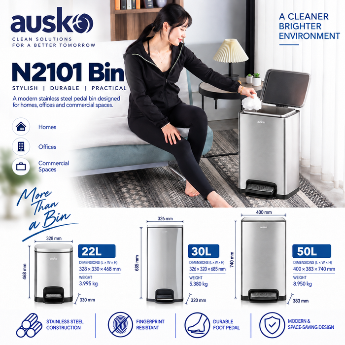 AUSKO | N2101 | Multisize | Pedal Dustbin | Indoor Dustbin - HippoMart SG