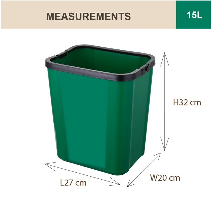 Non Lid Dustbin | Bag Holder | 15L | Green, Grey, | Trash Bin | Kitchen Bin - HippoMart SG