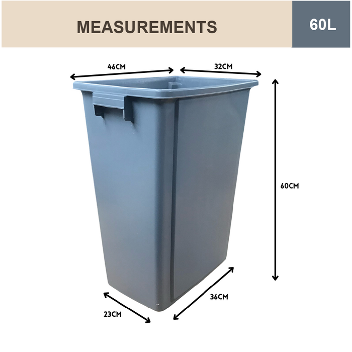 TERRA Non-Lid Dustbin | 60L Grey Trash Can with Handle | Durable Waste Bin for Indoor/Outdoor Use | Easy to Carry - HippoMart SG
