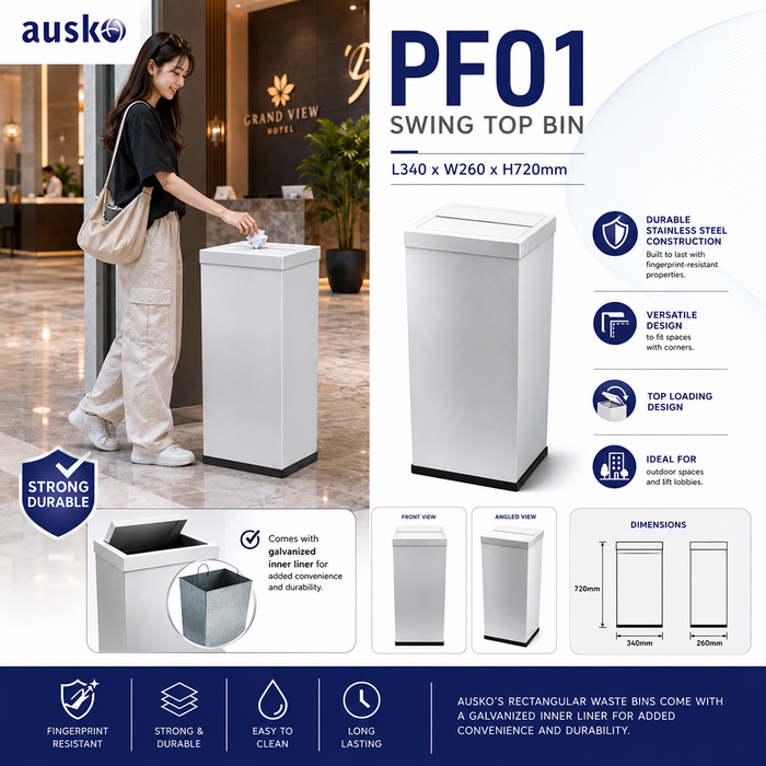 PF01 Dustbin | 65L | White Dustbin | Lobby Bin | Lobby Bin | Hotel Waste Bin | Big Rubbish Bin - HippoMart SG