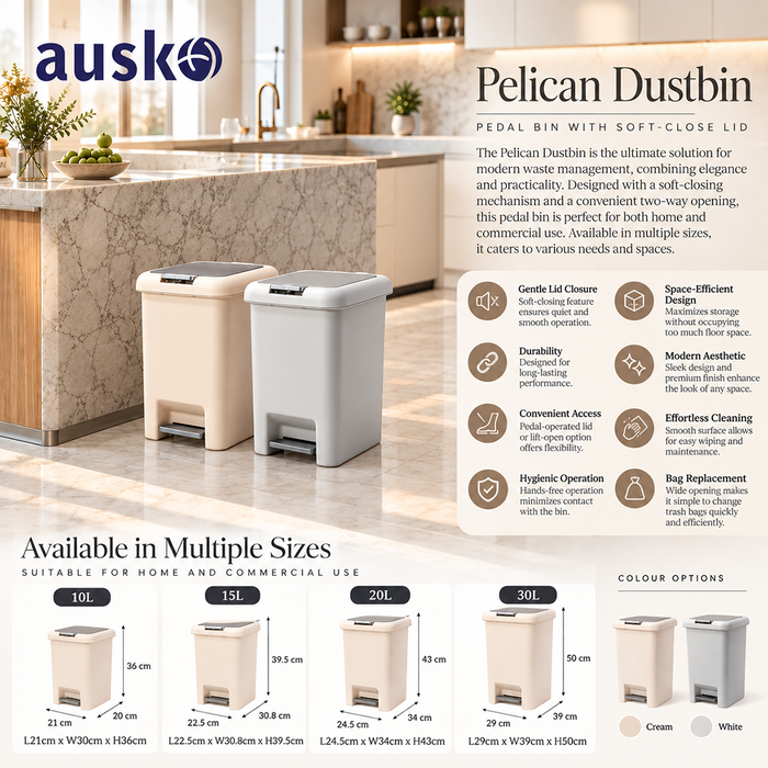 Pelican Dustbin | Premium Soft Closing | Pedal Bin | 2 Way Opening | 10L, 15L, 20L, 30L | Trash Bin - HippoMart SG