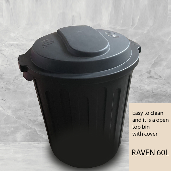 RAVEN Dustbin | Black Bin | Open Top Dustbin | Rubbish Bin | Lid | 60L | Trash Bin - HippoMart SG