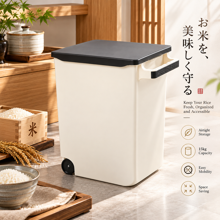 Household Rice Storage Container, 15KG, with Handle & Wheel - HippoMart SG