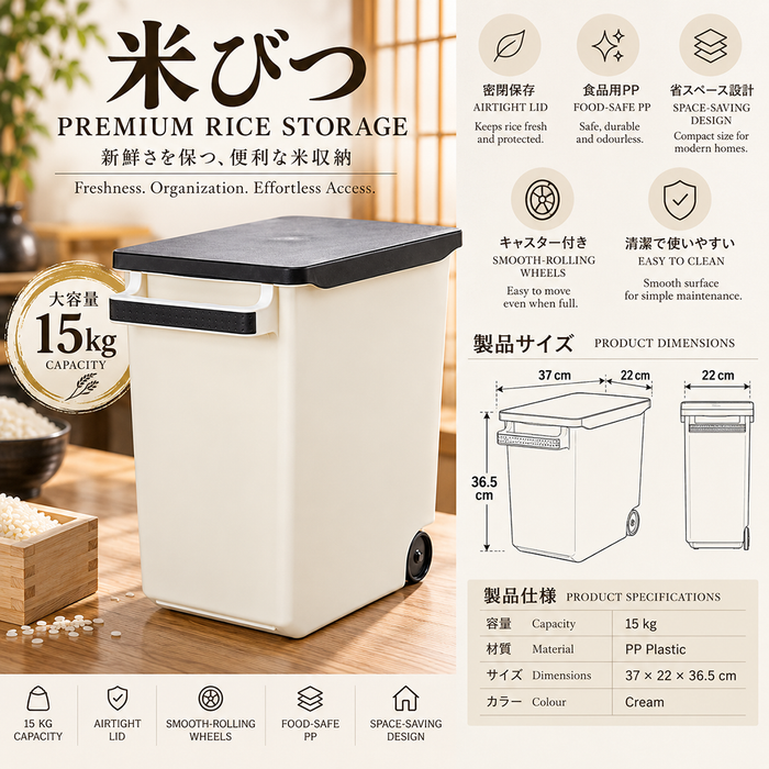 Household Rice Storage Container, 15KG, with Handle & Wheel - HippoMart SG