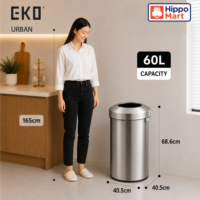 EKO Dustbin | Urban | EK9055 | Trash Bin | Waste Bin | Stainless Steel | Round Open Top | 60L