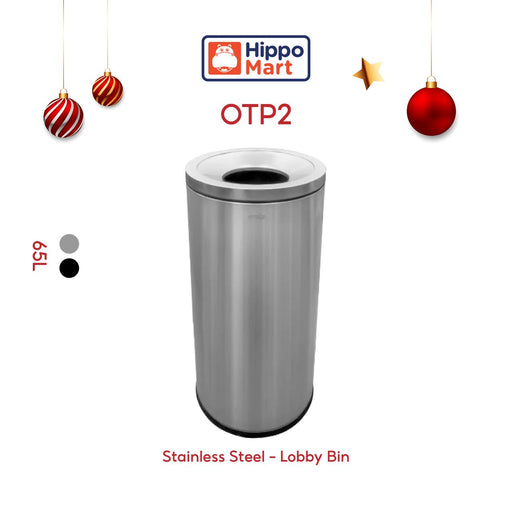 OTP2 Dustbin | 65L | Silver, Black | Lobby Bin | Open Top Bin | Outdoor Bin | Stainless Steel Bin