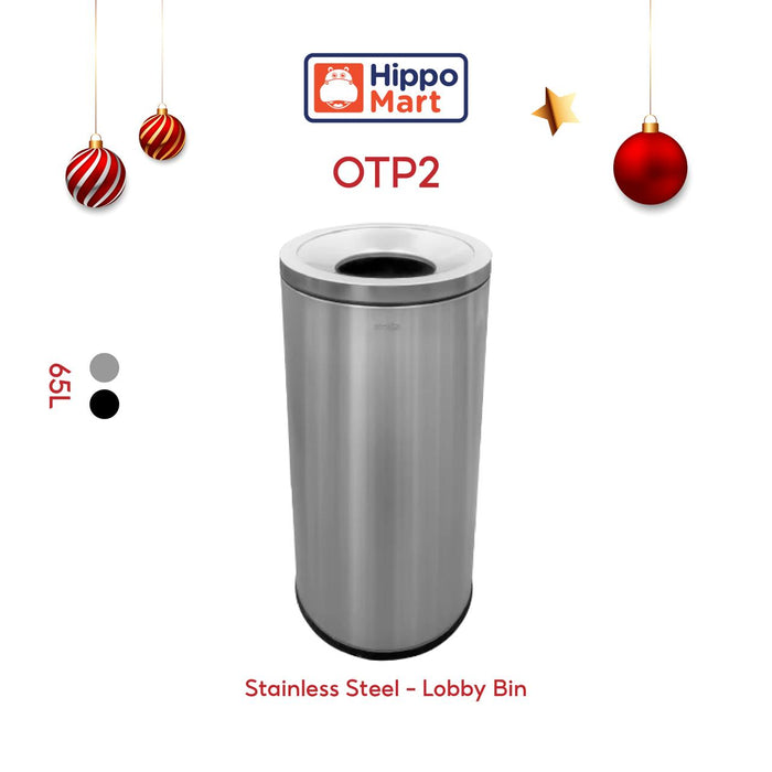 OTP2 Dustbin | 65L | Silver, Black | Lobby Bin | Open Top Bin | Outdoor Bin | Stainless Steel Bin