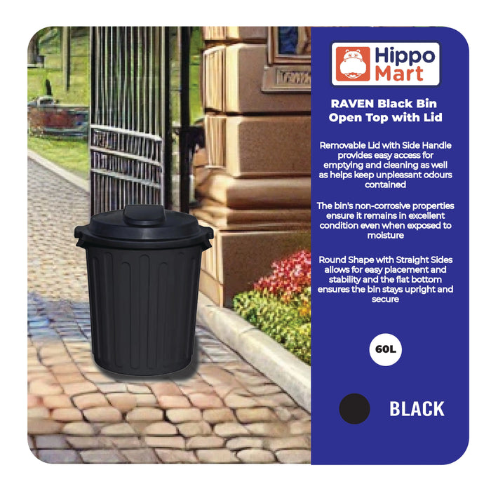 RAVEN Black Bin, Open Top with Lid, 60L - Image #5