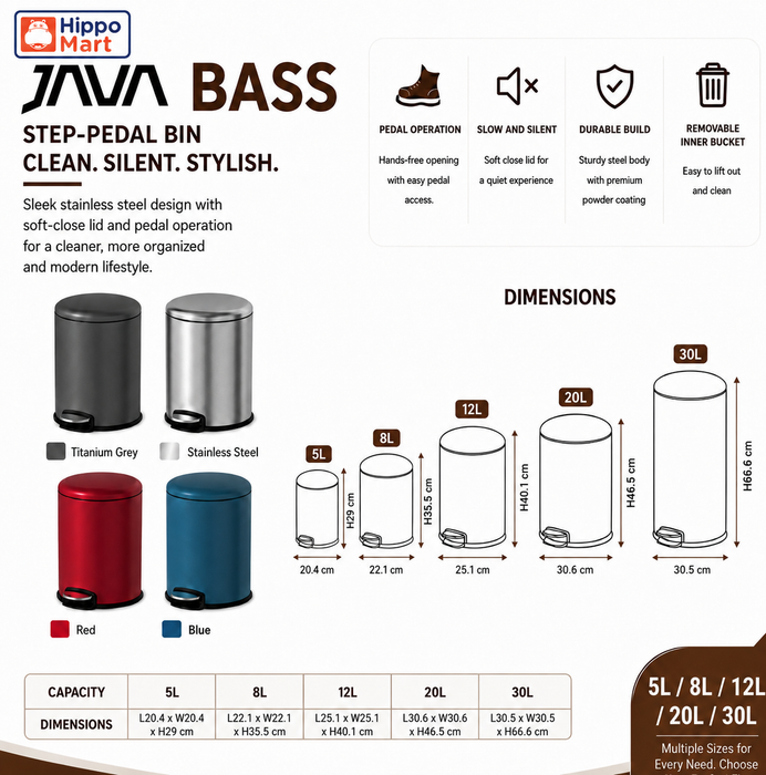 JAVA Dustbin | BASS | JH8853 | 5L, 8L, 12L, 20L, 30L | Step Bin | Soft Closing | Trash Bin | Dustbin