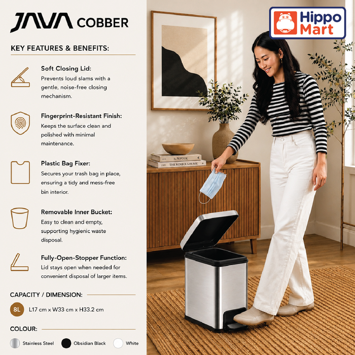JAVA Slim Dustbin | COBBER | JH8867 | 8L | Steel Pedal Bin | Trash Bin | Dustbin for Kitchen - HippoMart SG