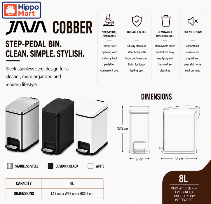 JAVA Slim Dustbin | COBBER | JH8867 | 8L | Steel Pedal Bin | Trash Bin | Dustbin for Kitchen