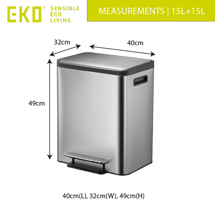 EKO Recycling Bin | Ecocasa | EK9128 | 15L+15L | Dustbin | Trash Bin | Waste Bin | Stainless Steel - HippoMart SG