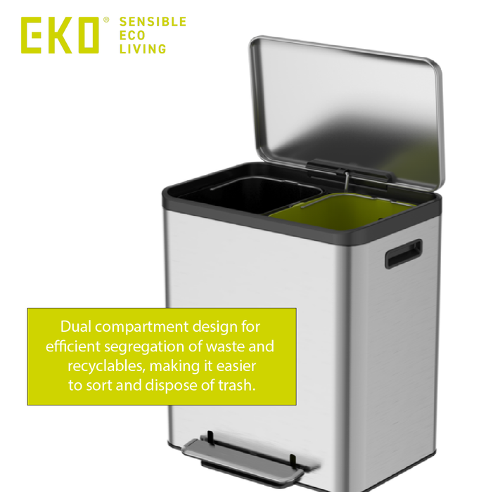 EKO Recycling Bin | Ecocasa | EK9128 | 15L+15L | Dustbin | Trash Bin | Waste Bin | Stainless Steel - HippoMart SG