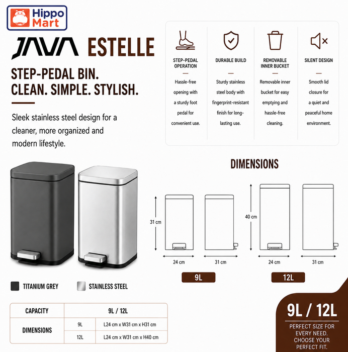 JAVA Dustbin | ESTELLE | JH8855A | Multiple Sizes | Trash Bin | Dustbin for Kitchen | Rubbish Bin
