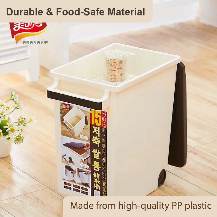 Household Rice Storage Container, 15KG, with Handle & Wheel - HippoMart SG