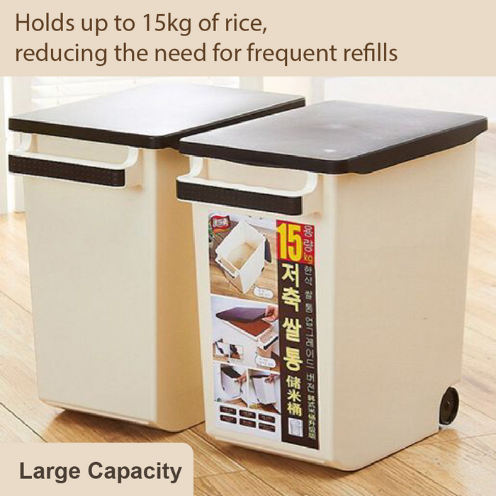 Household Rice Storage Container, 15KG, with Handle & Wheel - HippoMart SG