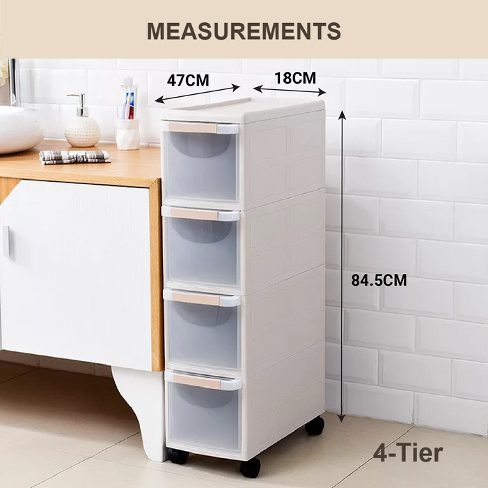 MODECO Slim Rolling Cabinet | 3 or 4 Tier Household Storage Unit | Space-Saving Organizer with Wheels | Multi-Purpose Storage Solution - HippoMart SG