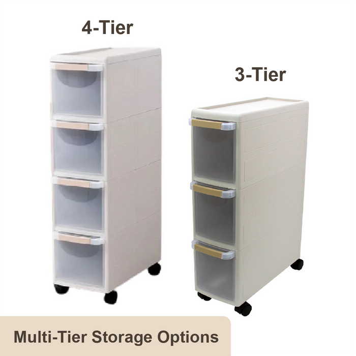 MODECO Slim Rolling Cabinet | 3 or 4 Tier Household Storage Unit | Space-Saving Organizer with Wheels | Multi-Purpose Storage Solution - HippoMart SG