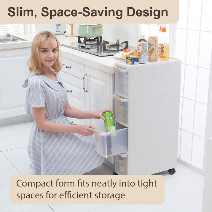MODECO Slim Rolling Cabinet | 3 or 4 Tier Household Storage Unit | Space-Saving Organizer with Wheels | Multi-Purpose Storage Solution - HippoMart SG