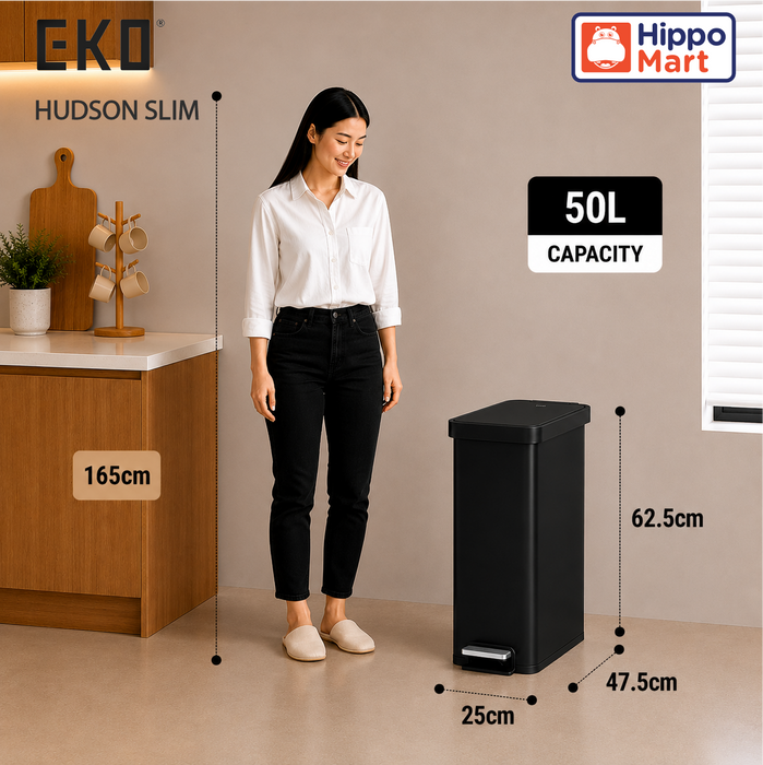 EKO Dustbin | Hudson Slim | EK9167 | Trash Bin | Waste Bin | Stainless Steel | Step Pedal Bin | Soft Closing