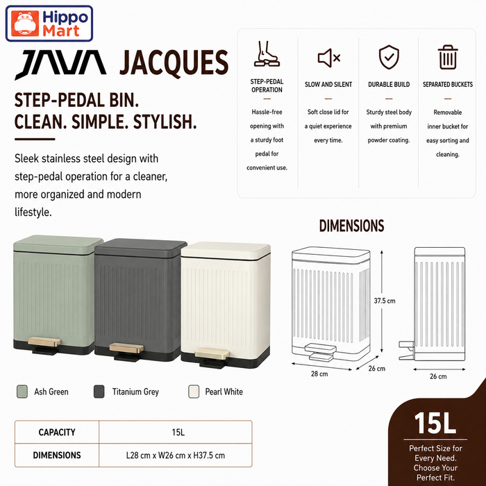 JAVA Dustbin | JACQUES | JH8874 | 15L | Step Bin | Trash Bin | Dustbin for Kitchen | Waste Bin