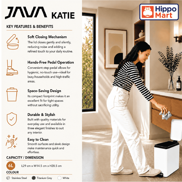 JAVA Dustbin | KATIE | JH8875 | 6L | Step Bin | Soft Closing | Trash Bin |  Dustbin for Kitchen - HippoMart SG