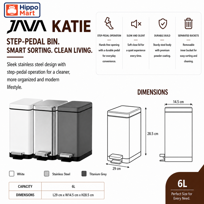 JAVA Dustbin | KATIE | JH8875 | 6L | Step Bin | Soft Closing | Trash Bin |  Dustbin for Kitchen