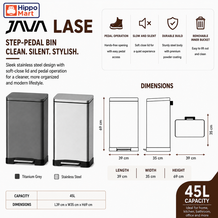JAVA Dustbin | LASE | JH8858 | 45L | Step Pedal | Soft Closing | Trash Bin | Dustbin for Kitchen