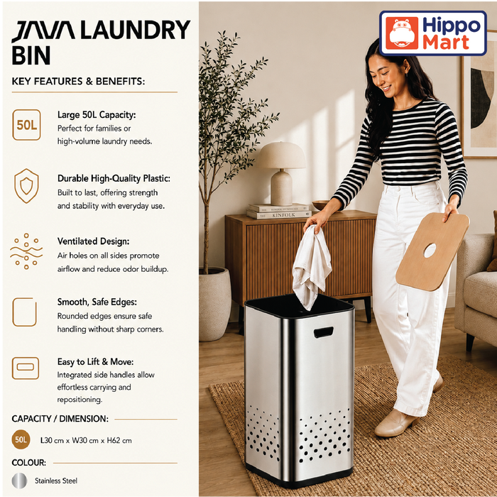 JAVA Laundry Bin | JH8872 | 50L | Laundry Bin | Stainless Steel | Washing | Cleaning | Laundry