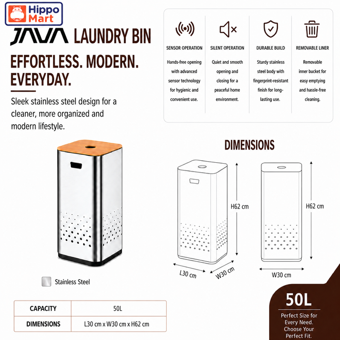 JAVA Laundry Bin | JH8872 | 50L | Laundry Bin | Stainless Steel | Washing | Cleaning | Laundry