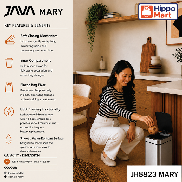 JAVA Dustbin | MARY | JH8823 | 8L | Sensor Slim | Soft Closing | Trash Bin | Dustbin for Kitchen