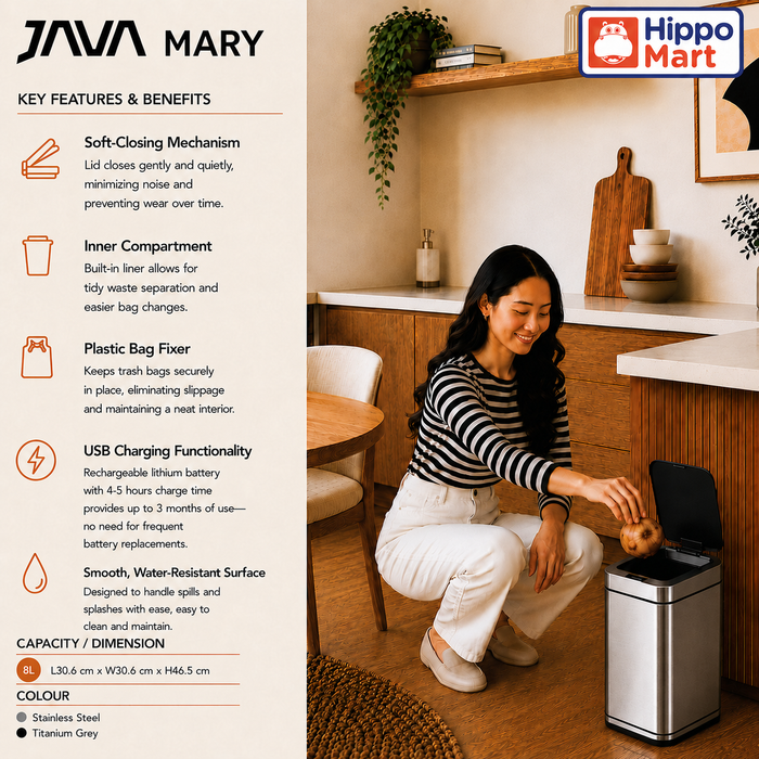JAVA Dustbin | MARY | JH8823 | 8L | Sensor Slim | Soft Closing | Trash Bin | Dustbin for Kitchen - HippoMart SG