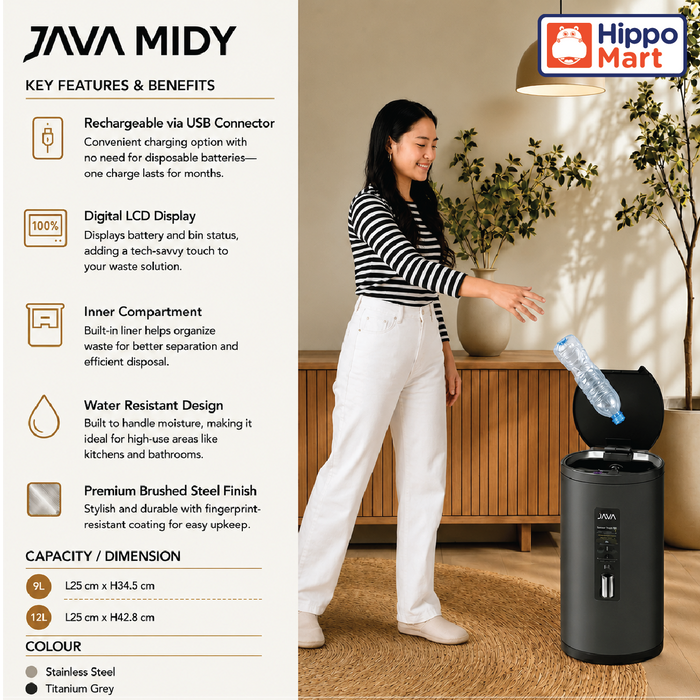 JAVA Dustbin | MIDY | JH8826 | 9L, 12L | Round Sensor Bin | Soft Closing | Waste Bin with USB wire