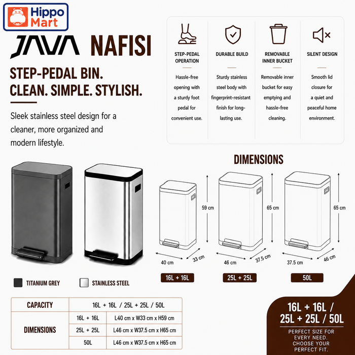 JAVA Recycling Bin | NAFISI | JH8851 | Dual Compartment Bin | 16L +16L | 25L +25L