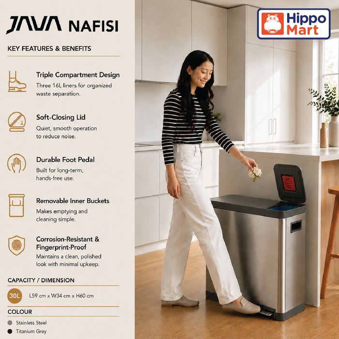 JAVA Recycling Bin | NAFISI | JH8870 | 16L+16L+16L | Triple Liner | Trash Bin | Waste Bin
