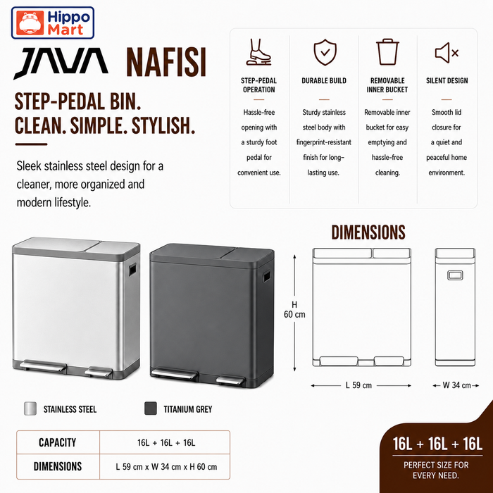 JAVA Recycling Bin | NAFISI | JH8870 | 16L+16L+16L | Triple Liner | Trash Bin | Waste Bin