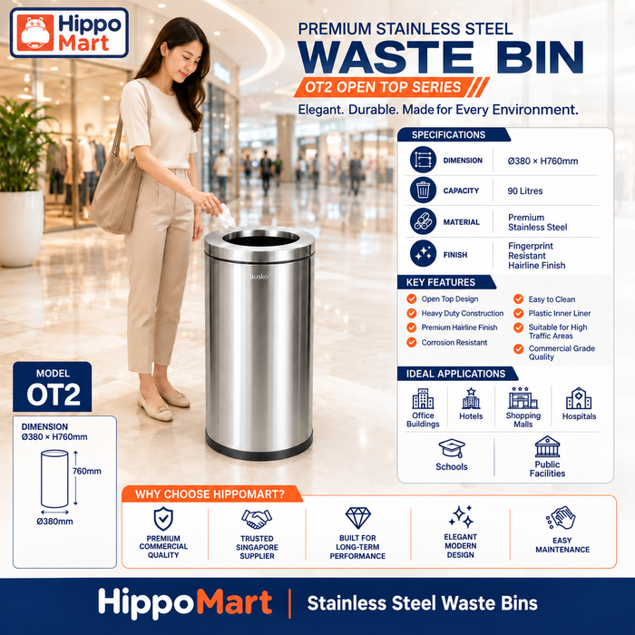 OT2 Dustbin | 65L | Silver | Lobby Bin | Open Top Bin | Lobby Bin | Waste Bin | Outdoor Bin